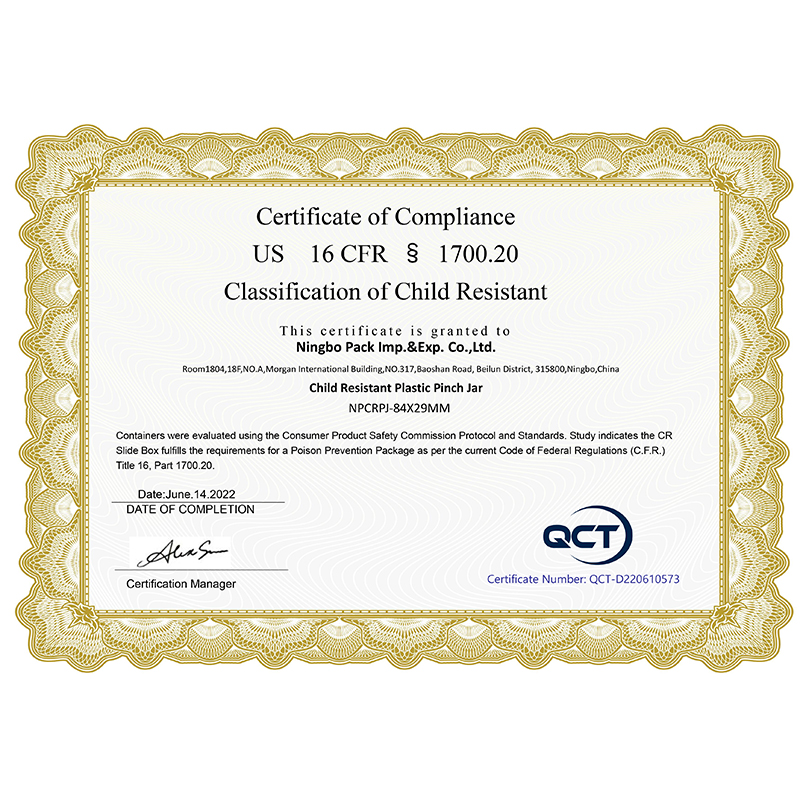 Child Resistant Pinch Jar 10573.us 16 Cfr  1700.20 Certificate