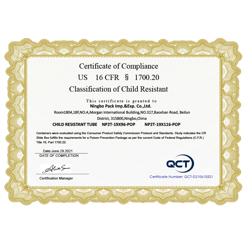 Child Resistant Pop Top Tube 10573.us 16 Cfr  1700.20 Certificate